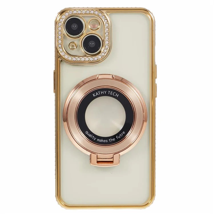For iPhone 14 Case TPU Rhinestones Decor PC Ring Kickstand Cell Phone Protector