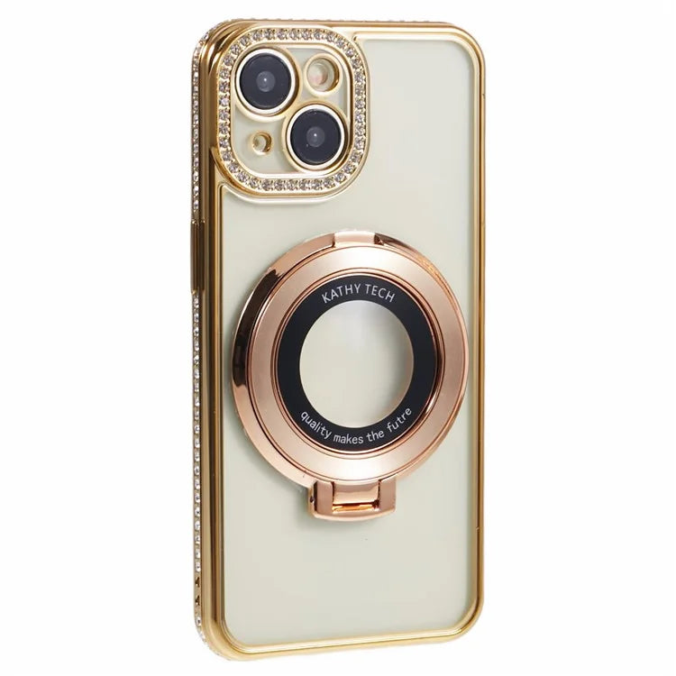 For iPhone 14 Case TPU Rhinestones Decor PC Ring Kickstand Cell Phone Protector