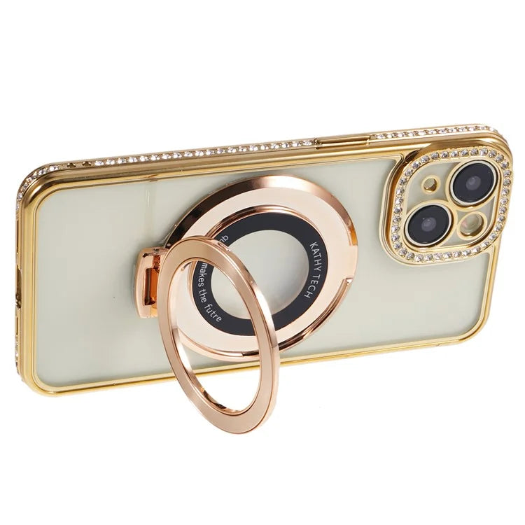For iPhone 14 Case TPU Rhinestones Decor PC Ring Kickstand Cell Phone Protector
