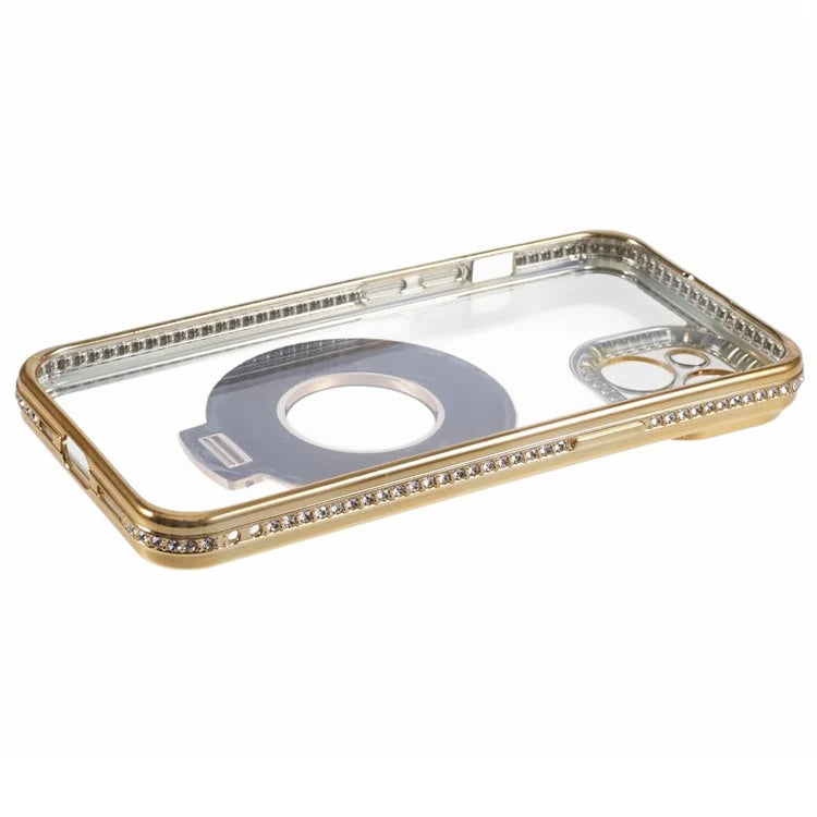 For iPhone 14 Case TPU Rhinestones Decor PC Ring Kickstand Cell Phone Protector
