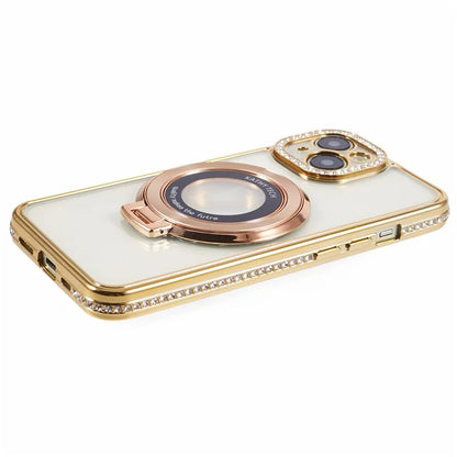 For iPhone 14 Case TPU Rhinestones Decor PC Ring Kickstand Cell Phone Protector