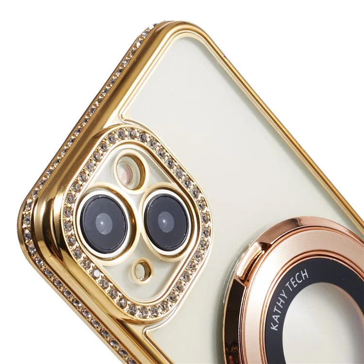 For iPhone 14 Case TPU Rhinestones Decor PC Ring Kickstand Cell Phone Protector