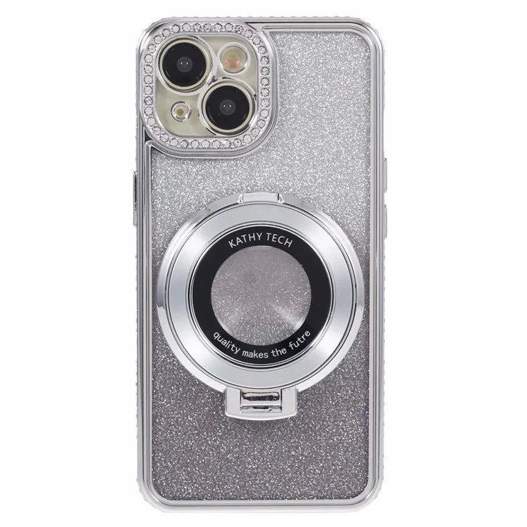 For iPhone 15 Plus Gradient Case Kickstand Shiny Rhinestone Decor TPU Phone Cover