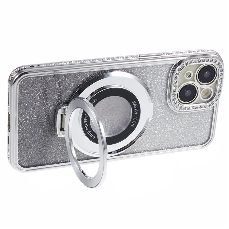 For iPhone 15 Plus Gradient Case Kickstand Shiny Rhinestone Decor TPU Phone Cover