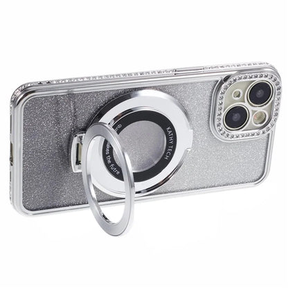 For iPhone 15 Plus Gradient Case Kickstand Shiny Rhinestone Decor TPU Phone Cover