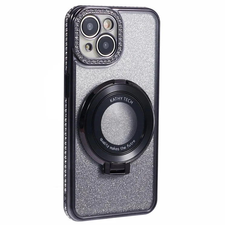 For iPhone 15 Plus Gradient Case Kickstand Shiny Rhinestone Decor TPU Phone Cover