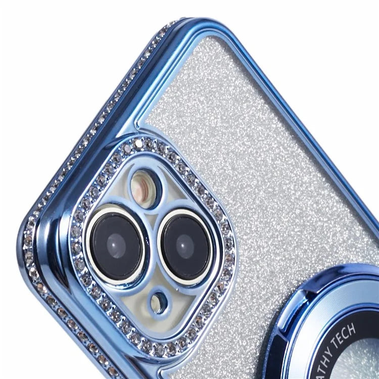 For iPhone 15 Plus Gradient Case Kickstand Shiny Rhinestone Decor TPU Phone Cover