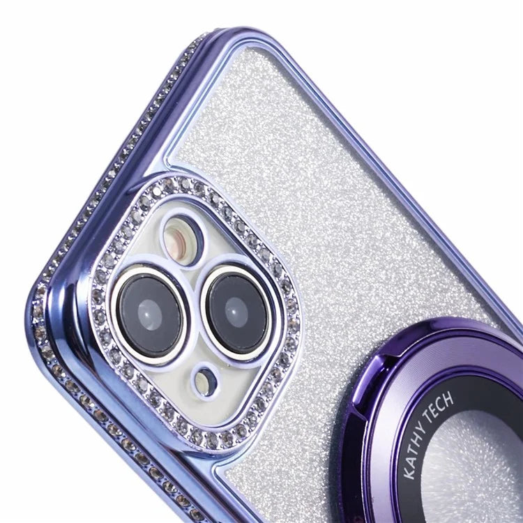 For iPhone 15 Plus Gradient Case Kickstand Shiny Rhinestone Decor TPU Phone Cover