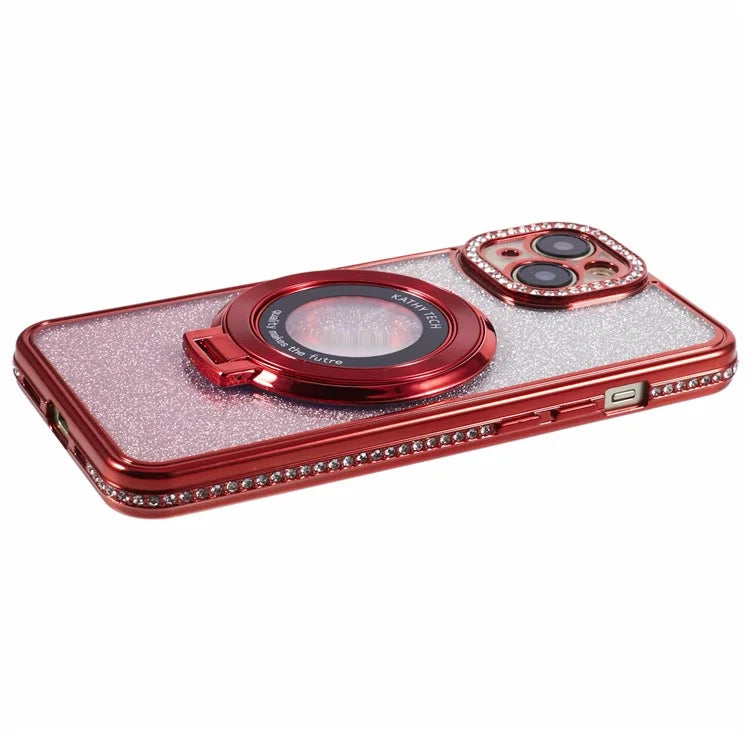 For iPhone 15 Plus Gradient Case Kickstand Shiny Rhinestone Decor TPU Phone Cover