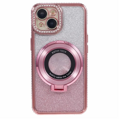 For iPhone 15 Plus Gradient Case Kickstand Shiny Rhinestone Decor TPU Phone Cover