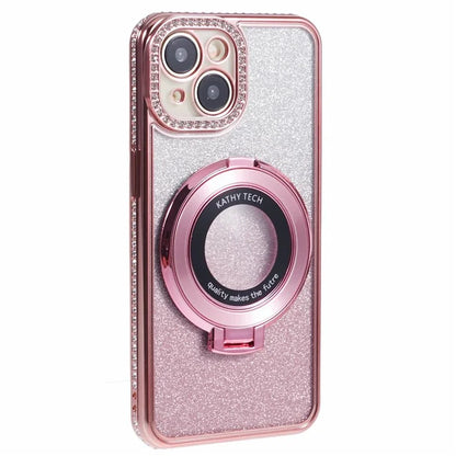 For iPhone 15 Plus Gradient Case Kickstand Shiny Rhinestone Decor TPU Phone Cover