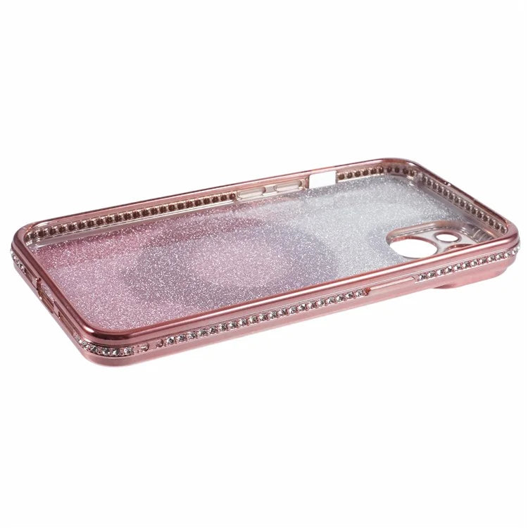 For iPhone 15 Plus Gradient Case Kickstand Shiny Rhinestone Decor TPU Phone Cover