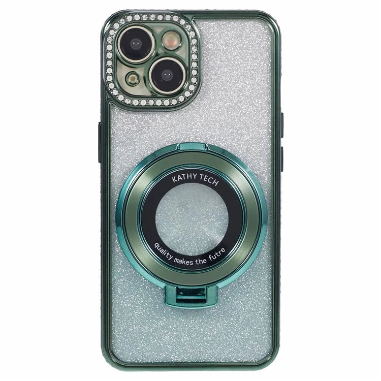 For iPhone 15 Plus Gradient Case Kickstand Shiny Rhinestone Decor TPU Phone Cover