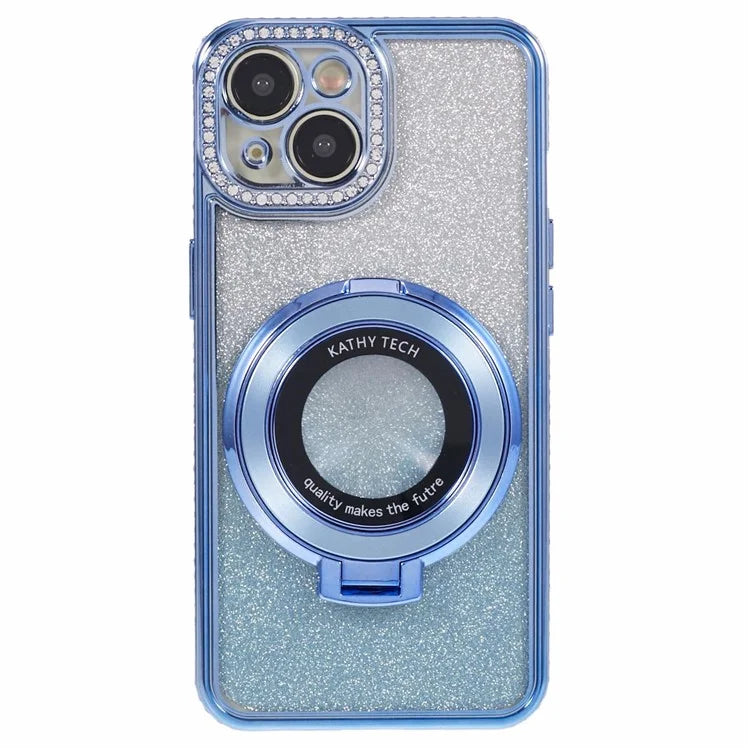 For iPhone 13 Kickstand Case Rhinestone Decor Gradient TPU Phone Cover