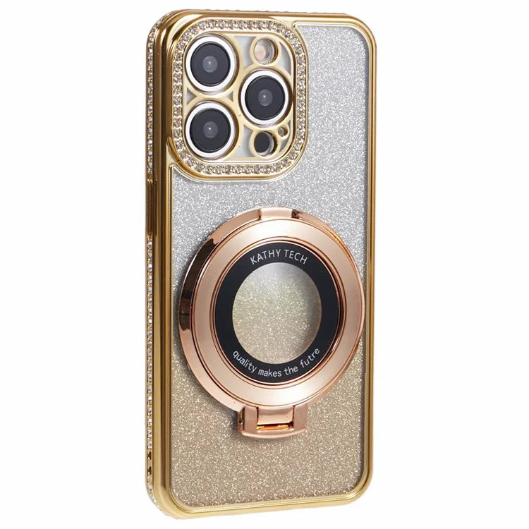 For iPhone 12 Pro Case Rhinestone Decor Ring Kickstand Gradient TPU Cover