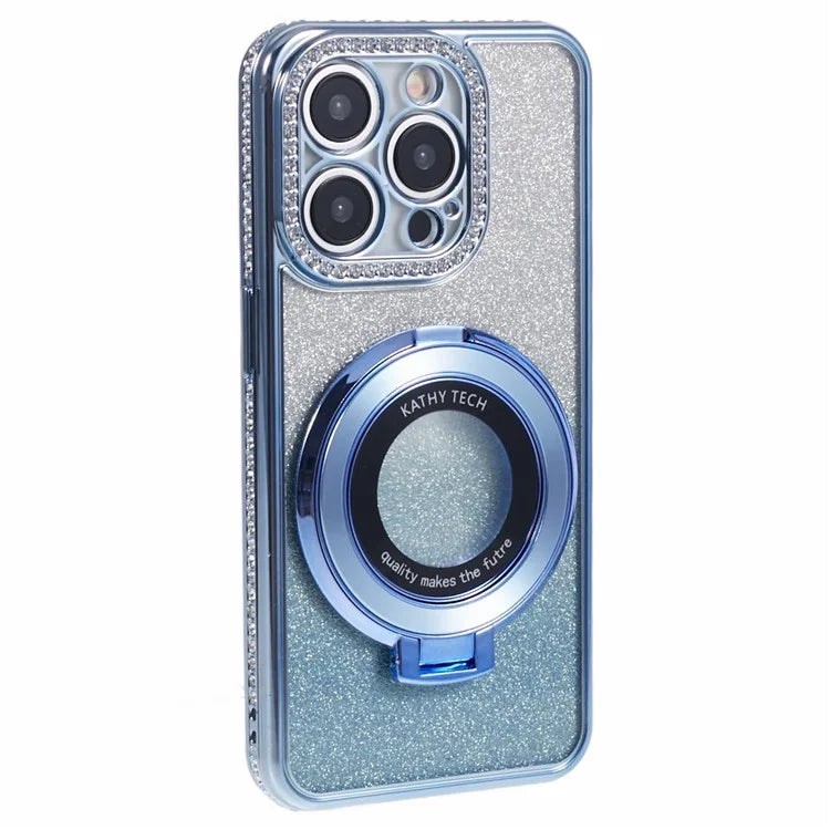 For iPhone 12 Pro Case Rhinestone Decor Ring Kickstand Gradient TPU Cover