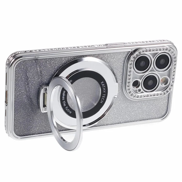 For iPhone 15 Pro TPU Case Rhinestone Decor Ring Kickstand Gradient Phone Cover