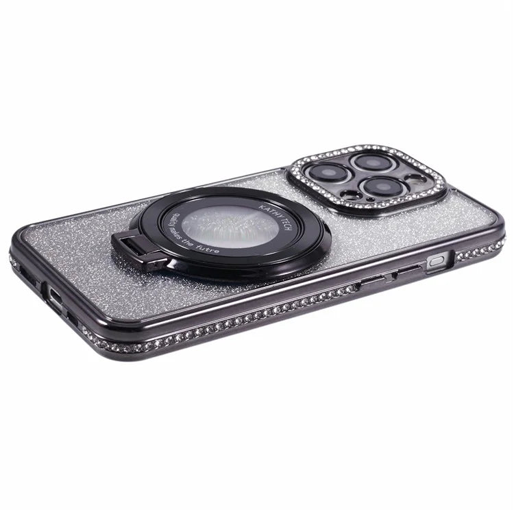 For iPhone 15 Pro TPU Case Rhinestone Decor Ring Kickstand Gradient Phone Cover