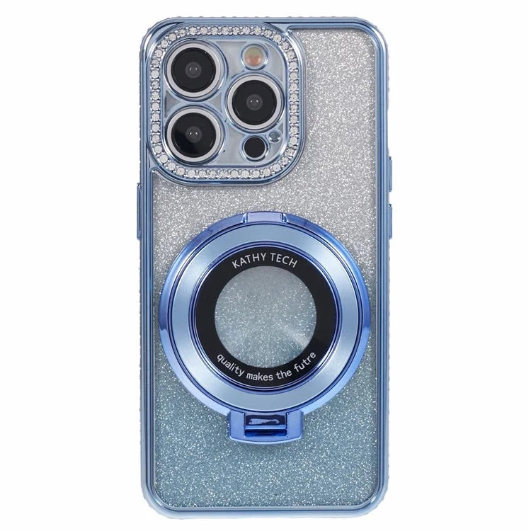 For iPhone 15 Pro TPU Case Rhinestone Decor Ring Kickstand Gradient Phone Cover