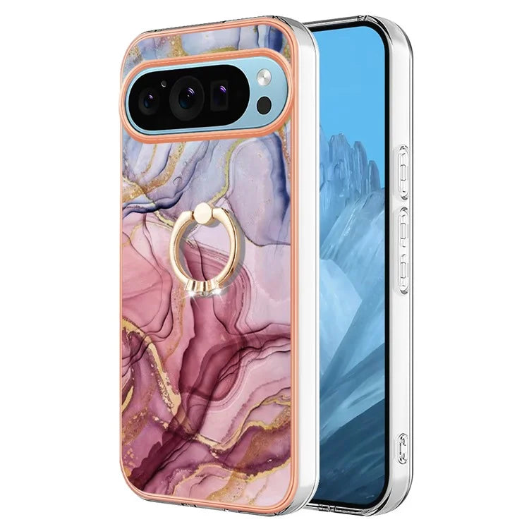YB IMD Series-17 Style-E For Google Pixel 9 / Pixel 9 Pro TPU Case Electroplating Kickstand Marble Pattern Cover