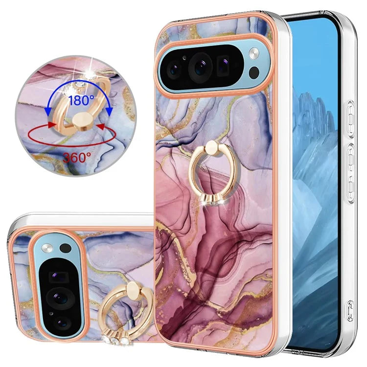 YB IMD Series-17 Style-E For Google Pixel 9 / Pixel 9 Pro TPU Case Electroplating Kickstand Marble Pattern Cover