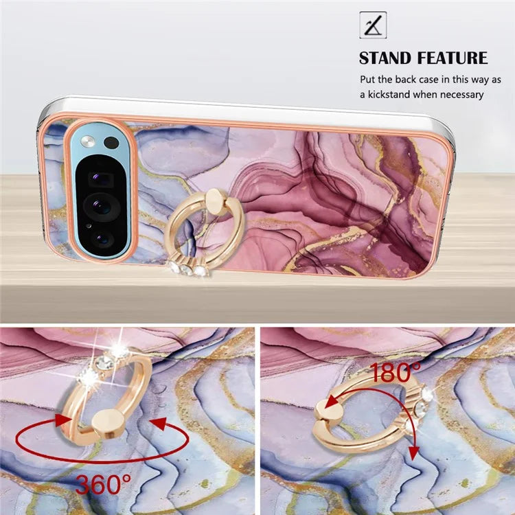 YB IMD Series-17 Style-E For Google Pixel 9 / Pixel 9 Pro TPU Case Electroplating Kickstand Marble Pattern Cover