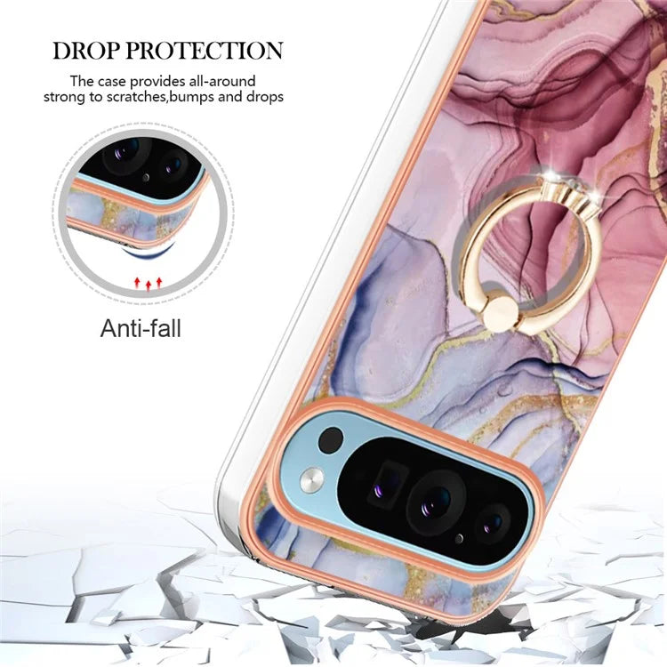 YB IMD Series-17 Style-E For Google Pixel 9 / Pixel 9 Pro TPU Case Electroplating Kickstand Marble Pattern Cover
