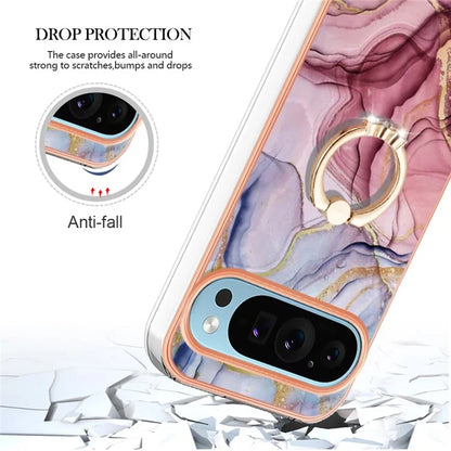 YB IMD Series-17 Style-E For Google Pixel 9 / Pixel 9 Pro TPU Case Electroplating Kickstand Marble Pattern Cover