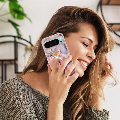 YB IMD Series-17 Style-E For Google Pixel 9 / Pixel 9 Pro TPU Case Electroplating Kickstand Marble Pattern Cover