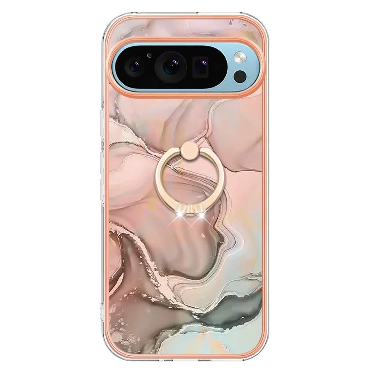 YB IMD Series-17 Style-E For Google Pixel 9 / Pixel 9 Pro TPU Case Electroplating Kickstand Marble Pattern Cover