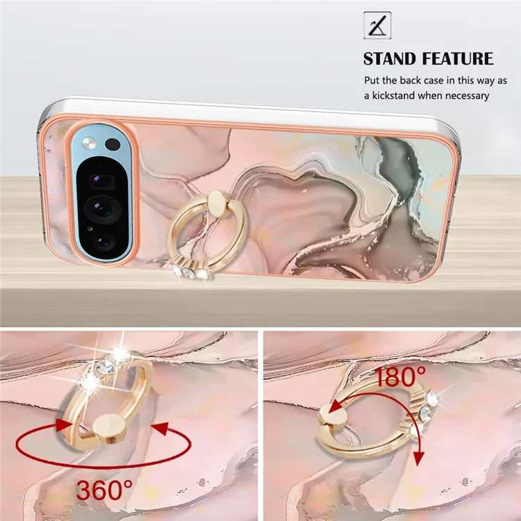 YB IMD Series-17 Style-E For Google Pixel 9 / Pixel 9 Pro TPU Case Electroplating Kickstand Marble Pattern Cover