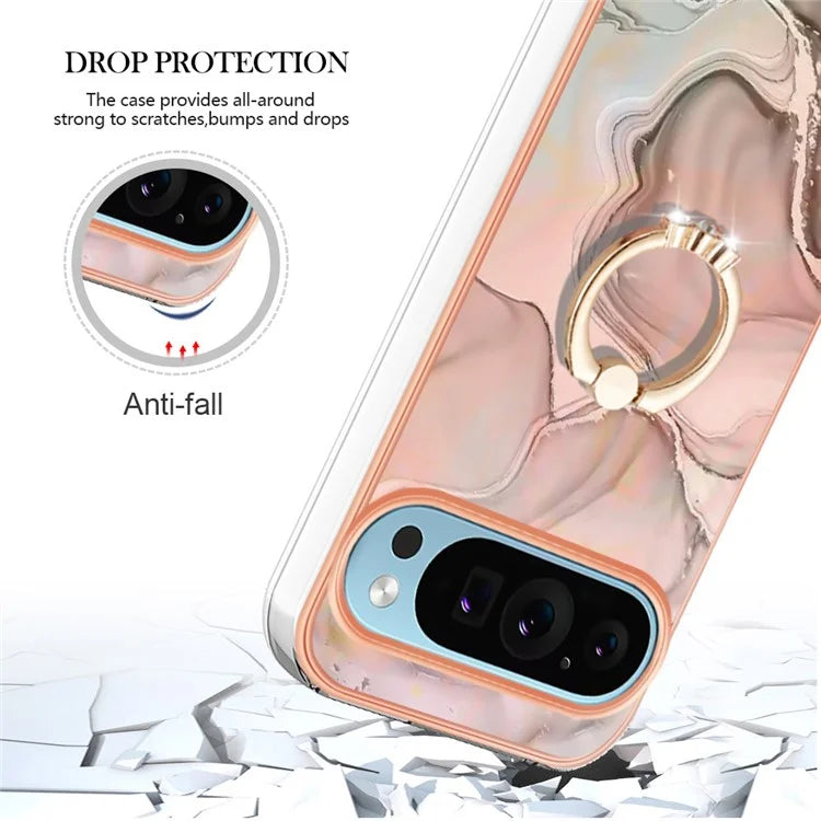 YB IMD Series-17 Style-E For Google Pixel 9 / Pixel 9 Pro TPU Case Electroplating Kickstand Marble Pattern Cover