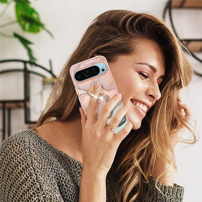 YB IMD Series-17 Style-E For Google Pixel 9 / Pixel 9 Pro TPU Case Electroplating Kickstand Marble Pattern Cover