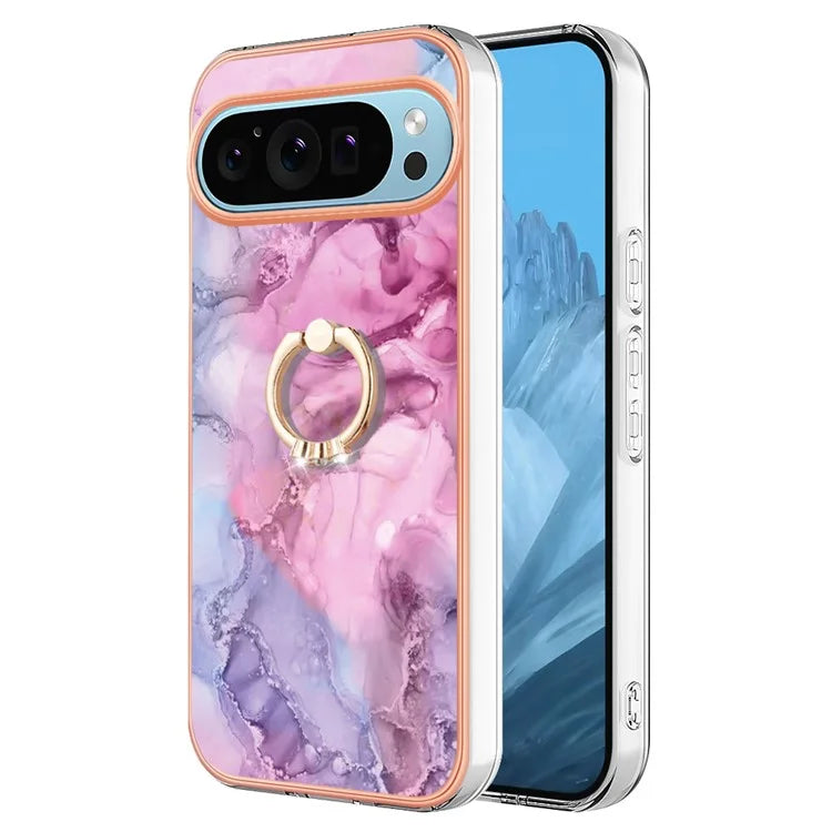 YB IMD Series-17 Style-E For Google Pixel 9 / Pixel 9 Pro TPU Case Electroplating Kickstand Marble Pattern Cover