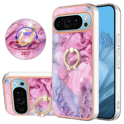YB IMD Series-17 Style-E For Google Pixel 9 / Pixel 9 Pro TPU Case Electroplating Kickstand Marble Pattern Cover