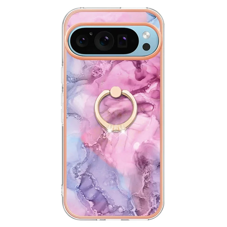 YB IMD Series-17 Style-E For Google Pixel 9 / Pixel 9 Pro TPU Case Electroplating Kickstand Marble Pattern Cover