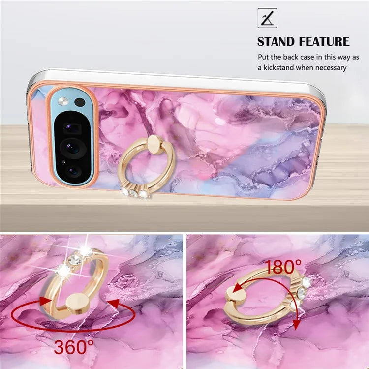 YB IMD Series-17 Style-E For Google Pixel 9 / Pixel 9 Pro TPU Case Electroplating Kickstand Marble Pattern Cover