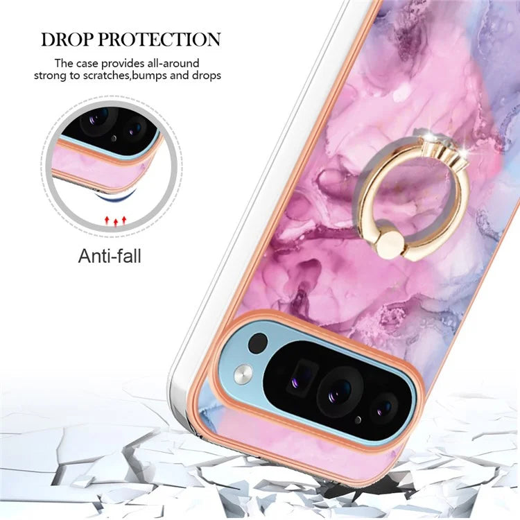 YB IMD Series-17 Style-E For Google Pixel 9 / Pixel 9 Pro TPU Case Electroplating Kickstand Marble Pattern Cover