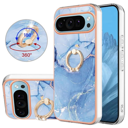 YB IMD Series-17 Style-E For Google Pixel 9 / Pixel 9 Pro TPU Case Electroplating Kickstand Marble Pattern Cover