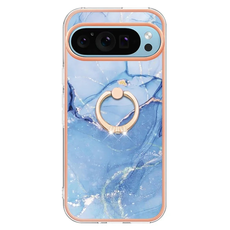 YB IMD Series-17 Style-E For Google Pixel 9 / Pixel 9 Pro TPU Case Electroplating Kickstand Marble Pattern Cover