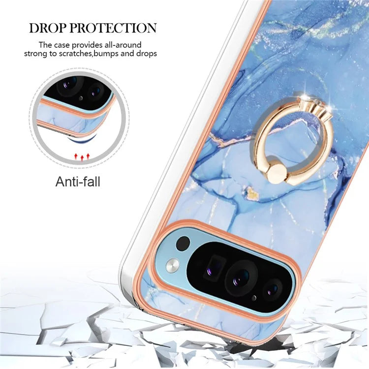 YB IMD Series-17 Style-E For Google Pixel 9 / Pixel 9 Pro TPU Case Electroplating Kickstand Marble Pattern Cover