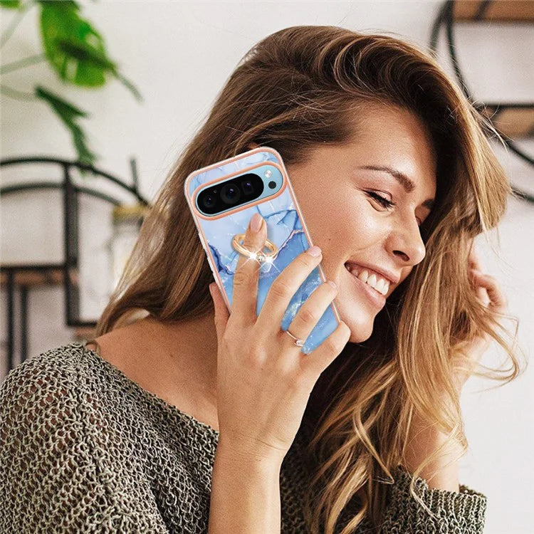 YB IMD Series-17 Style-E For Google Pixel 9 / Pixel 9 Pro TPU Case Electroplating Kickstand Marble Pattern Cover