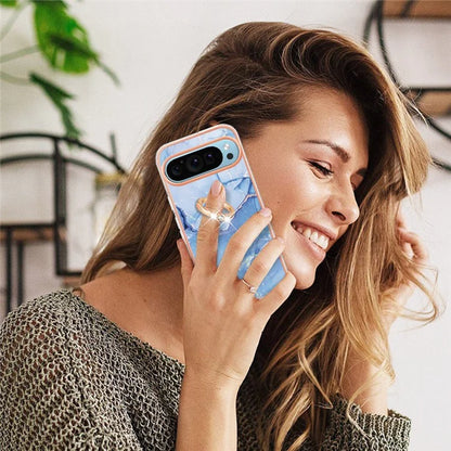YB IMD Series-17 Style-E For Google Pixel 9 / Pixel 9 Pro TPU Case Electroplating Kickstand Marble Pattern Cover