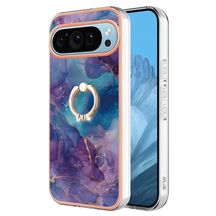 YB IMD Series-17 Style-E For Google Pixel 9 / Pixel 9 Pro TPU Case Electroplating Kickstand Marble Pattern Cover