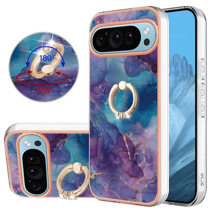 YB IMD Series-17 Style-E For Google Pixel 9 / Pixel 9 Pro TPU Case Electroplating Kickstand Marble Pattern Cover