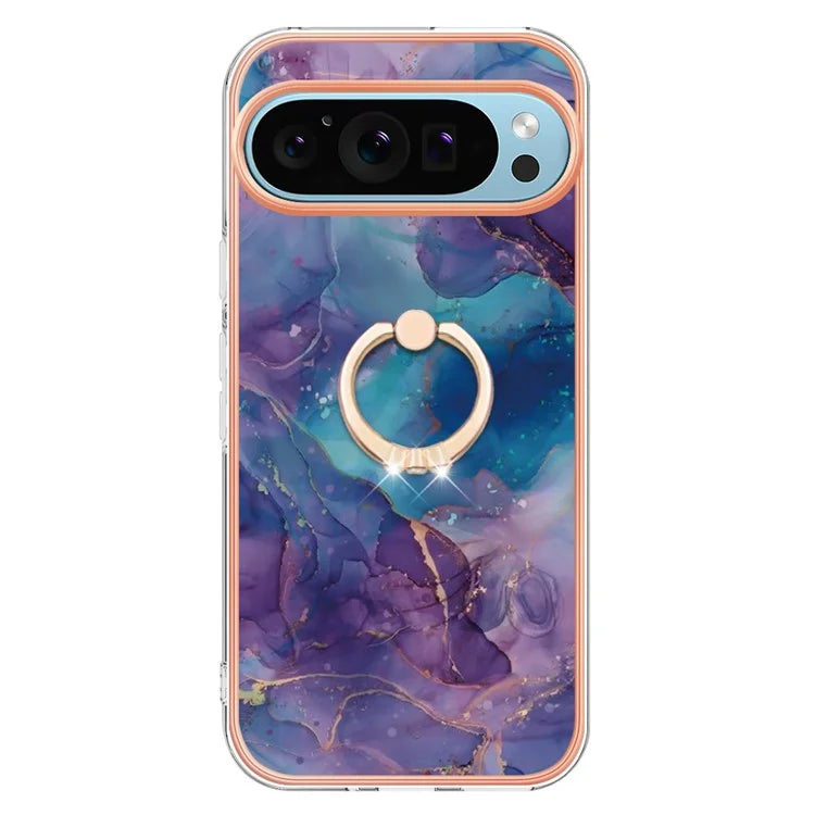 YB IMD Series-17 Style-E For Google Pixel 9 / Pixel 9 Pro TPU Case Electroplating Kickstand Marble Pattern Cover