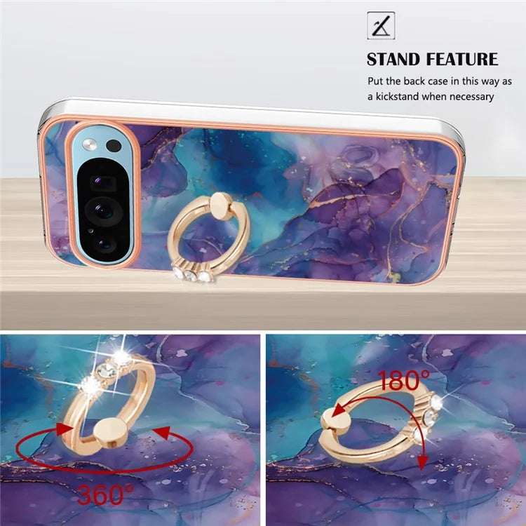 YB IMD Series-17 Style-E For Google Pixel 9 / Pixel 9 Pro TPU Case Electroplating Kickstand Marble Pattern Cover