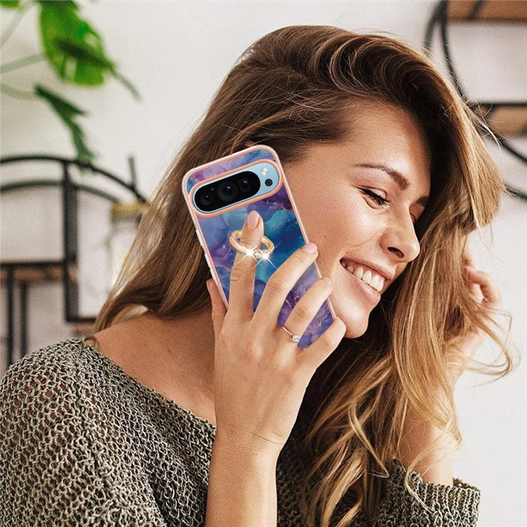 YB IMD Series-17 Style-E For Google Pixel 9 / Pixel 9 Pro TPU Case Electroplating Kickstand Marble Pattern Cover