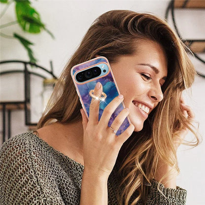 YB IMD Series-17 Style-E For Google Pixel 9 / Pixel 9 Pro TPU Case Electroplating Kickstand Marble Pattern Cover