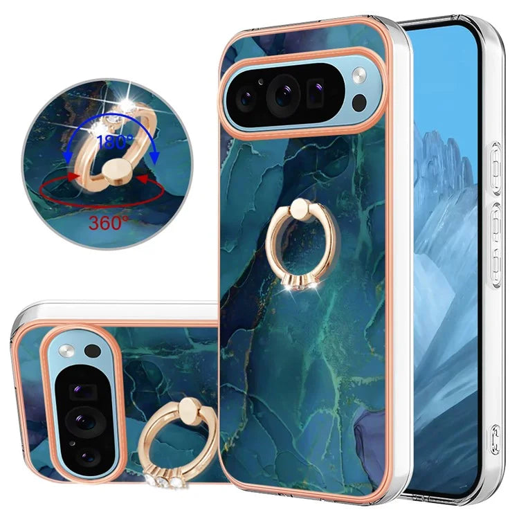 YB IMD Series-17 Style-E For Google Pixel 9 / Pixel 9 Pro TPU Case Electroplating Kickstand Marble Pattern Cover